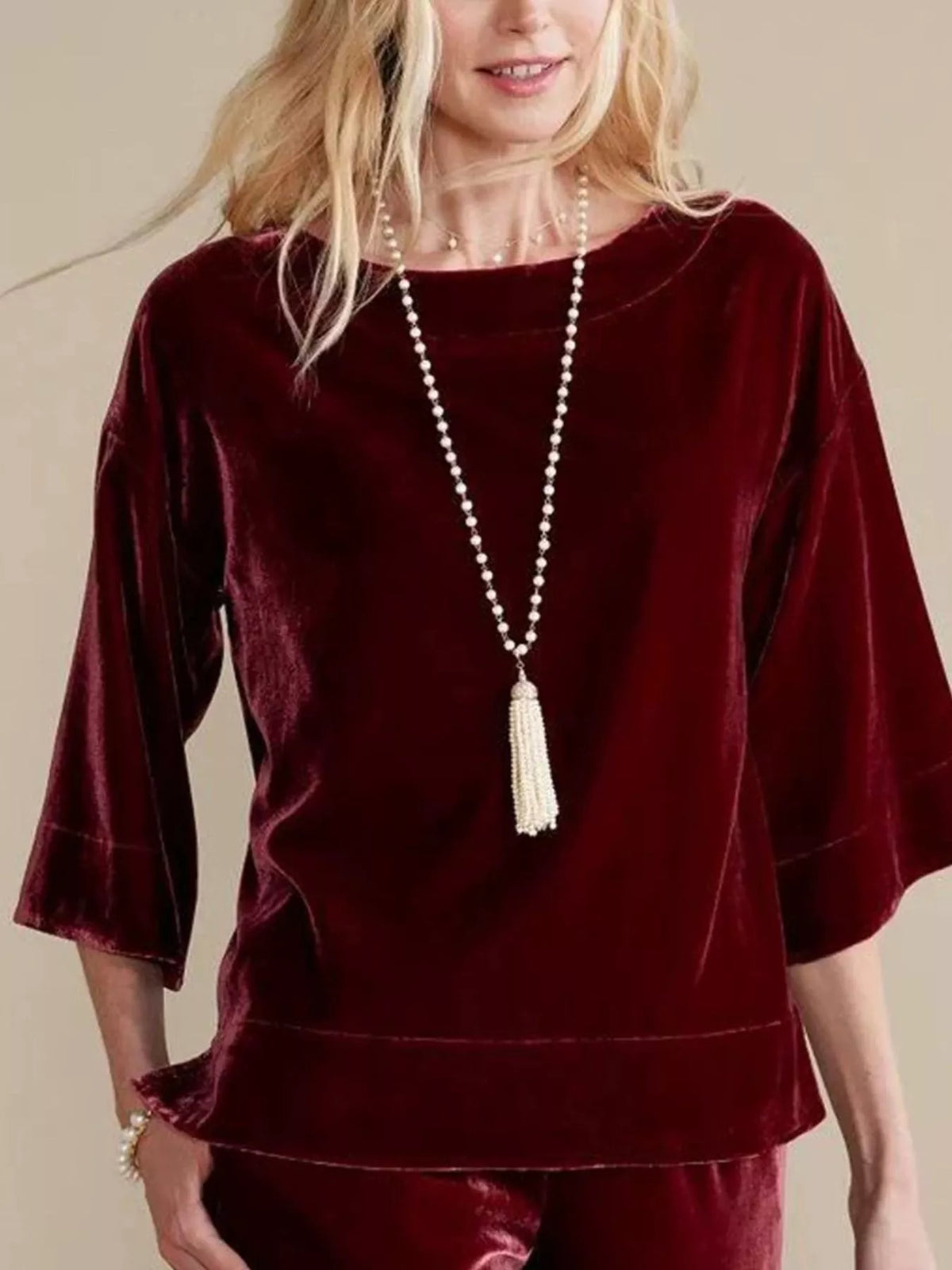 Velvet boat-neck top, Wine Red