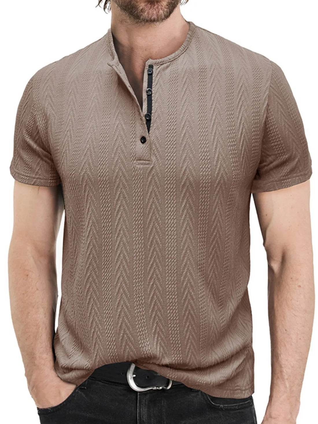 Textured chevron pattern henley polo shirt, Taupe