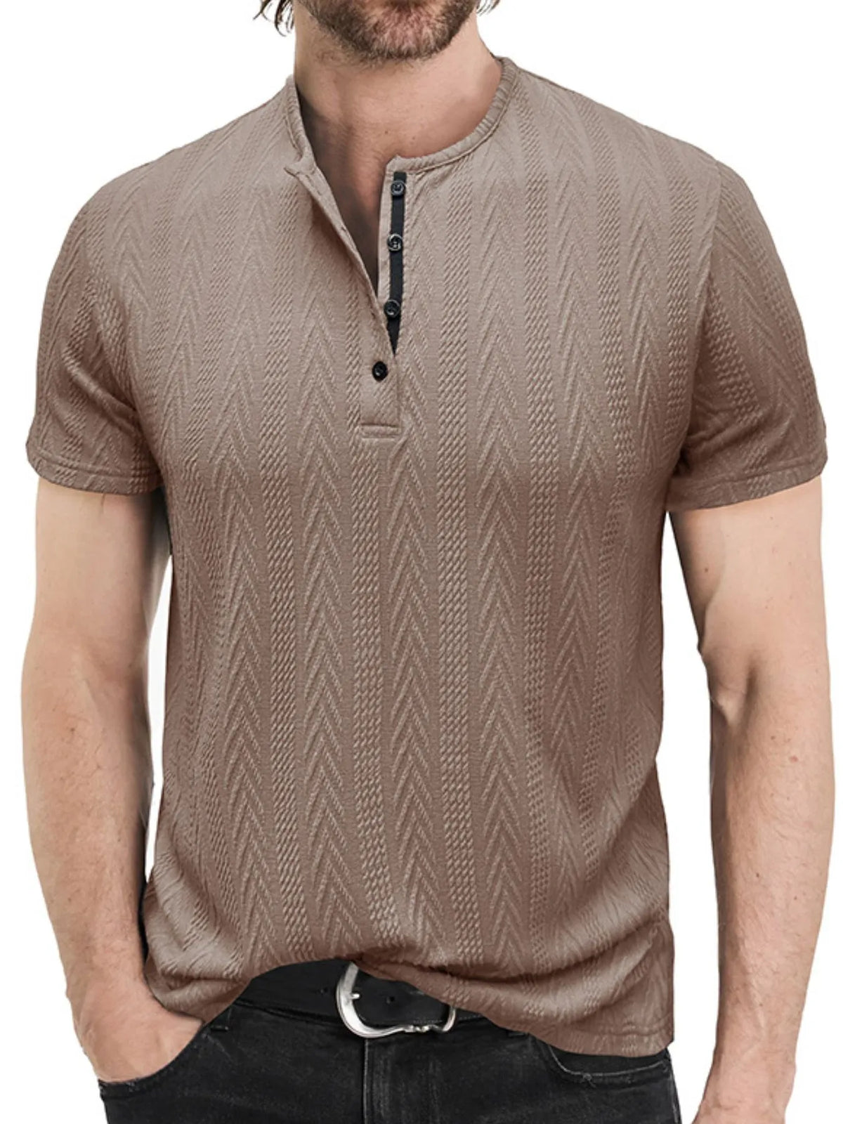 Textured chevron pattern henley polo shirt, Taupe