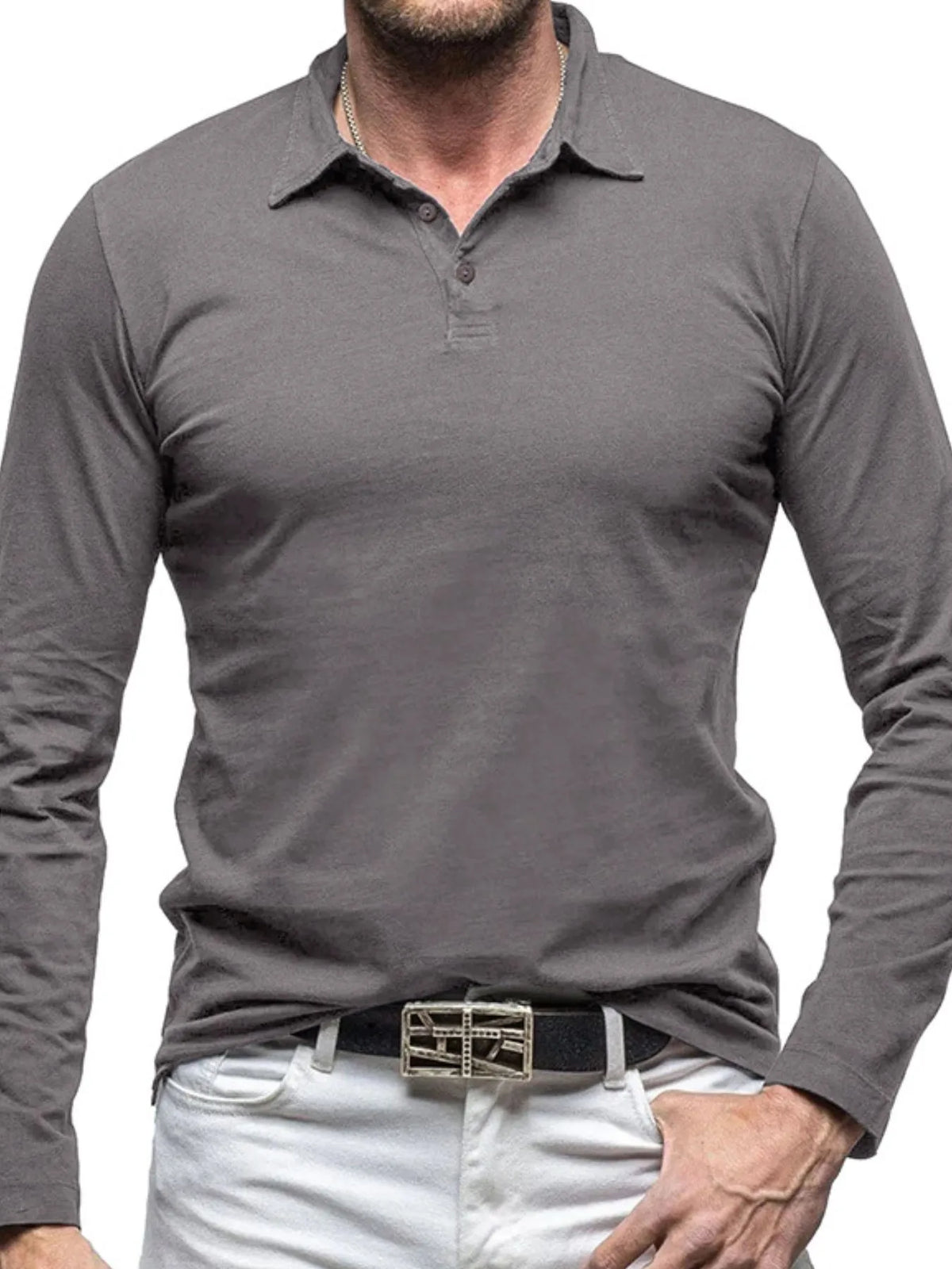 Collared neck long sleeve polo, Dark Gray