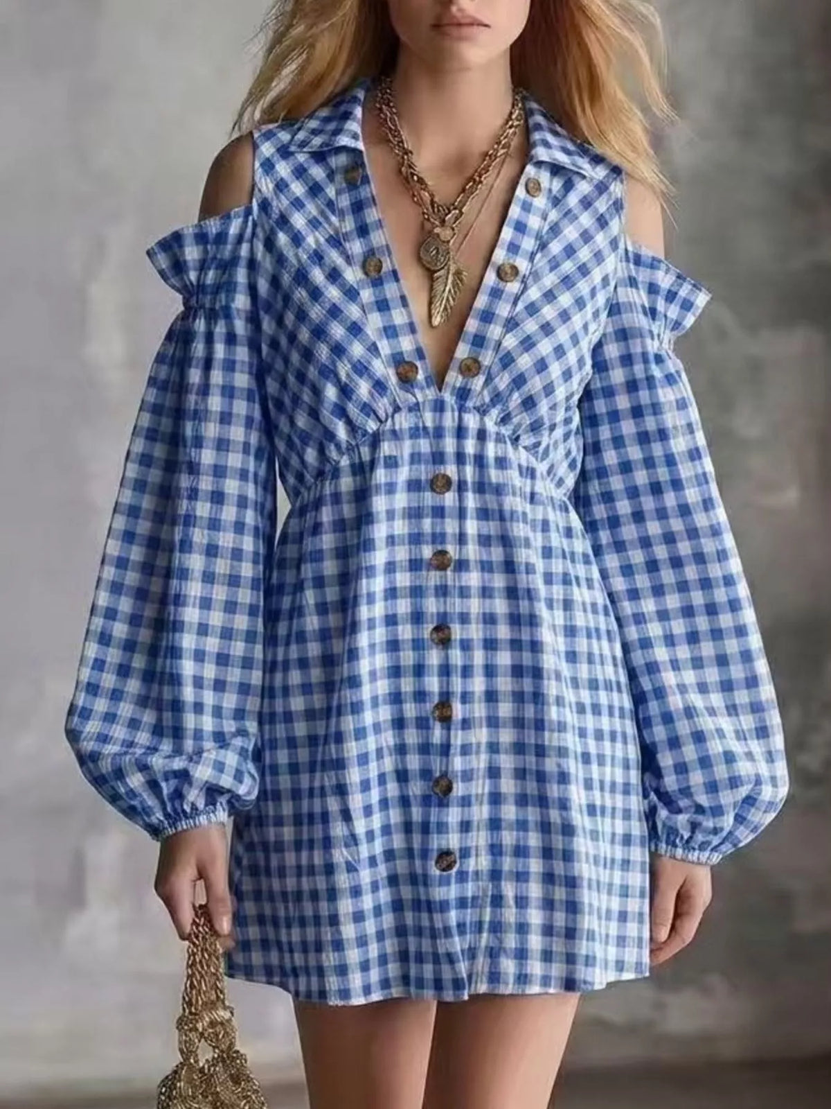Gingham cold-shoulder dress – blue