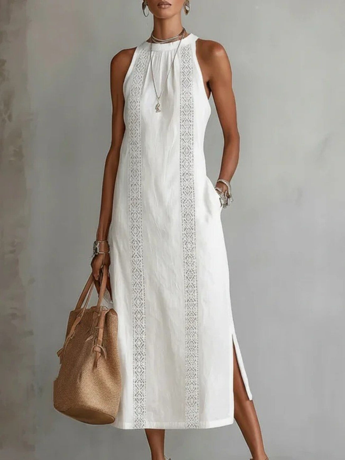 Cutout-trim slit midi dress – white