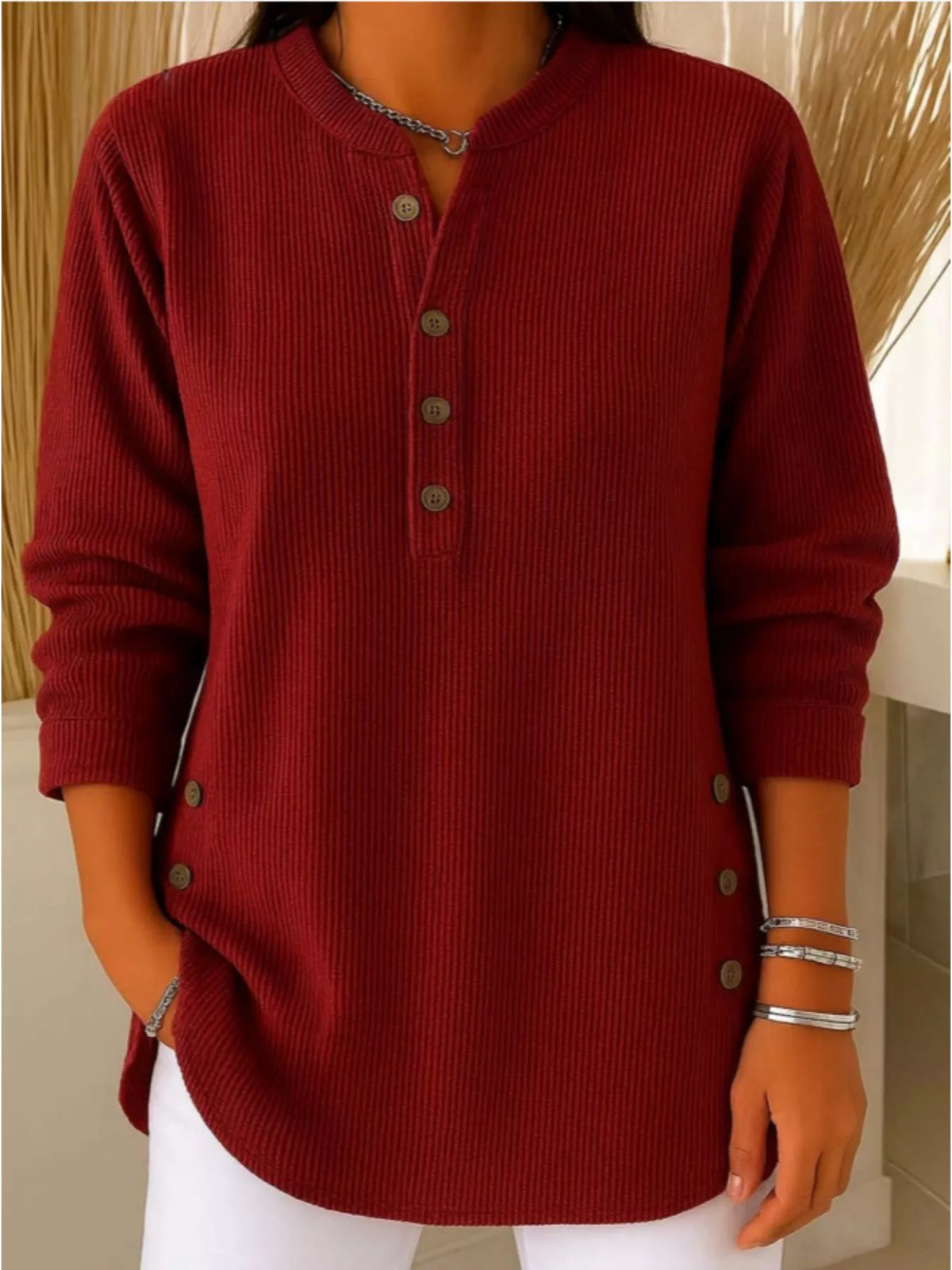 Corduroy button top – wine red