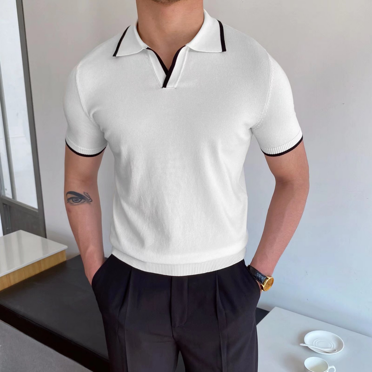 Tipped knit polo, White, front
