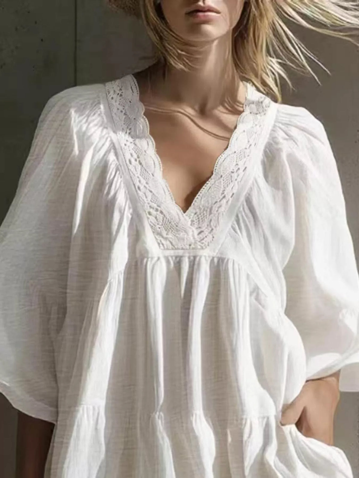 Lace-trim puff-sleeve dress