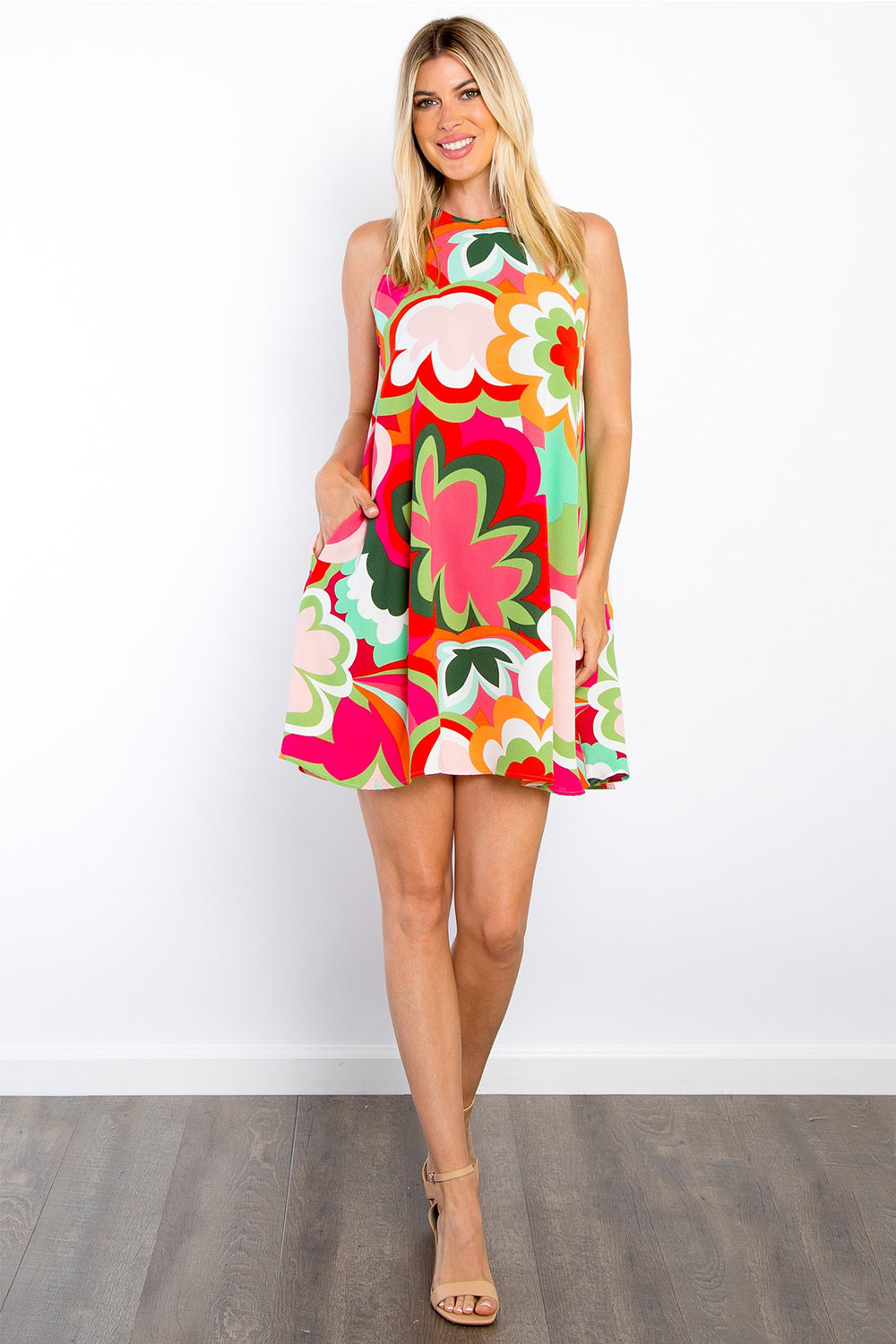 Floral pocket mini dress – coral