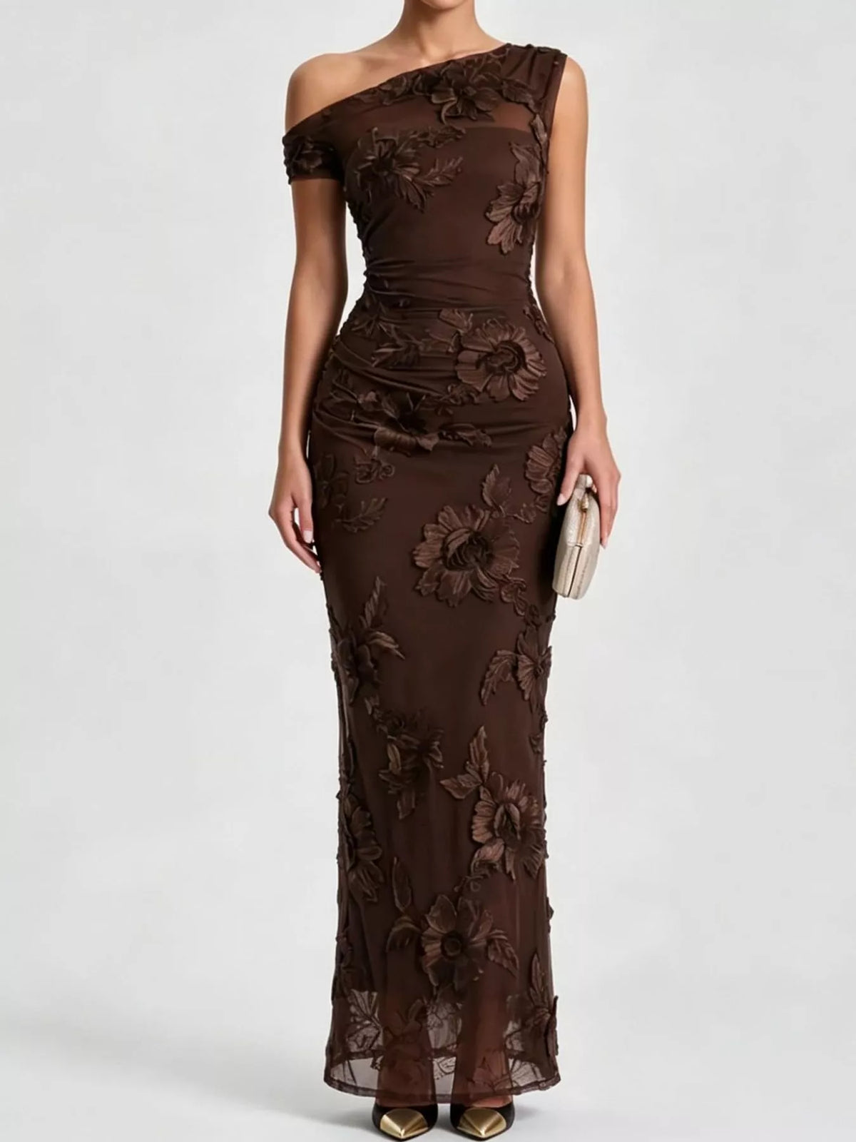 One-shoulder floral embroidered maxi dress, Dark Coffee-Double-Sided Embroidery
