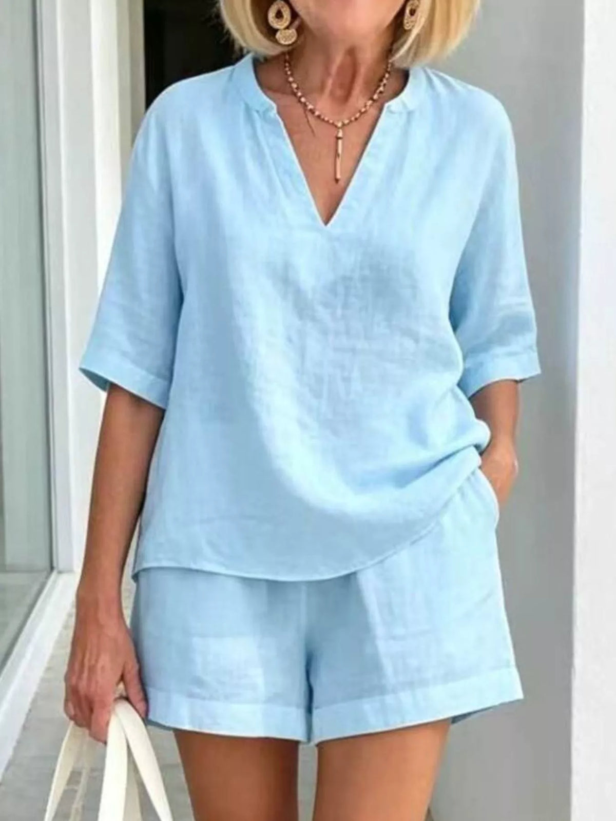 Half-sleeve top and shorts set – light blue