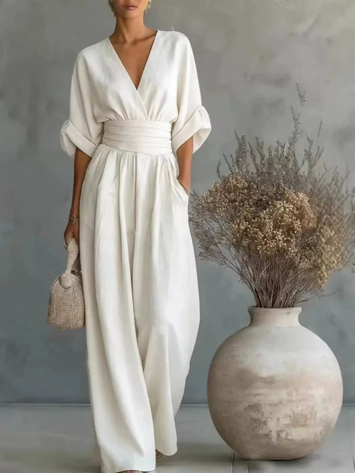 Half-sleeve wide-leg jumpsuit – white