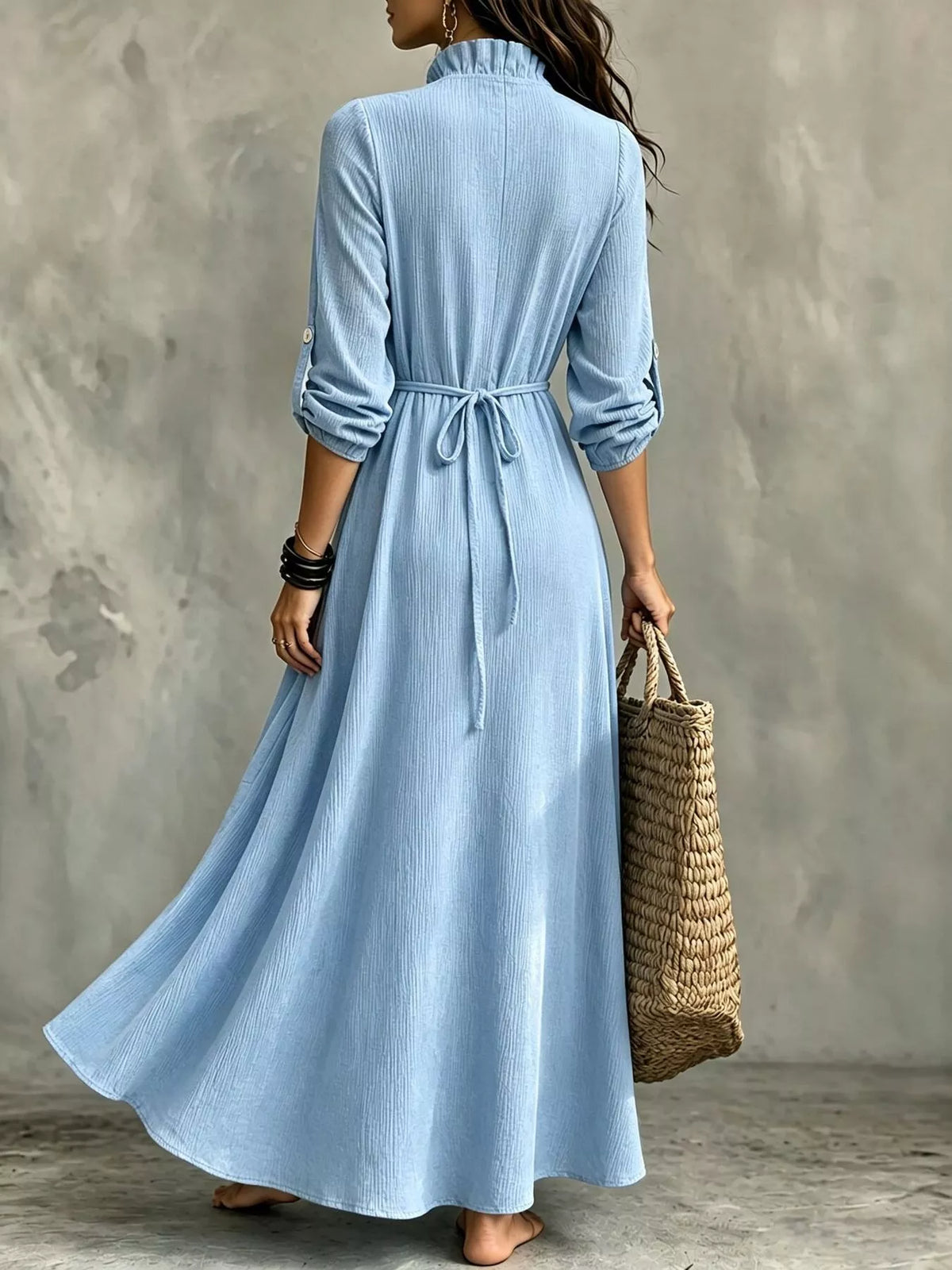 Roll-sleeve V-neck maxi dress