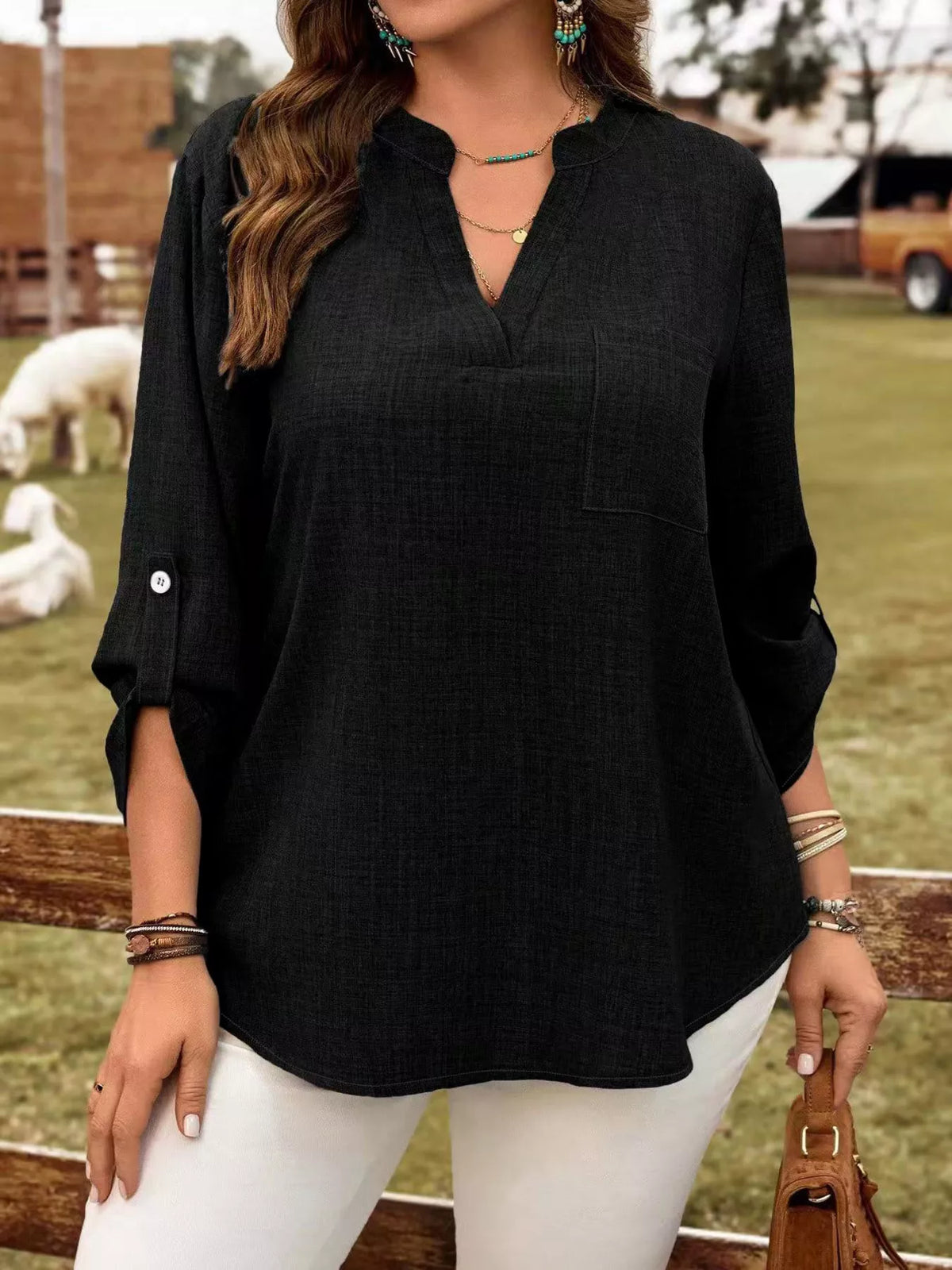Roll-tab sleeve blouse