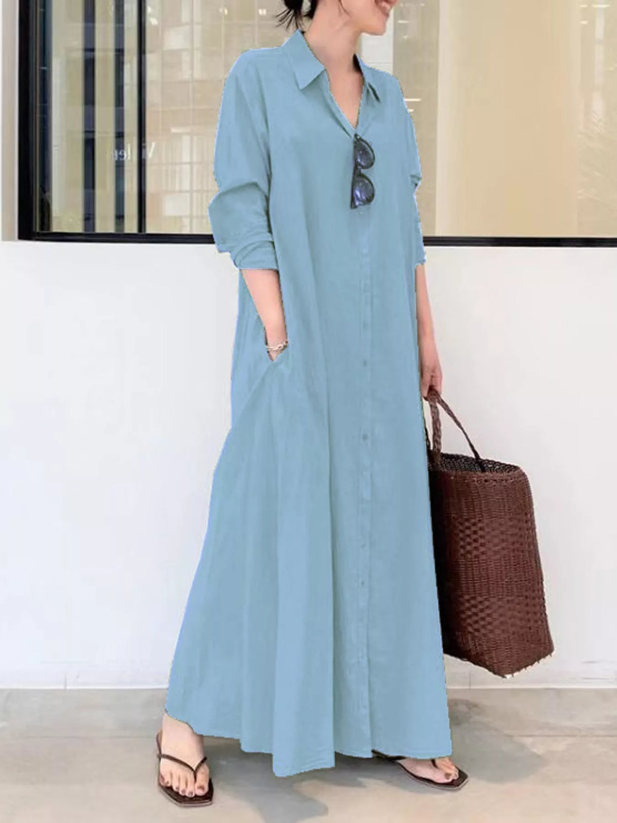 Button front long sleeve maxi shirt dress, Light Blue