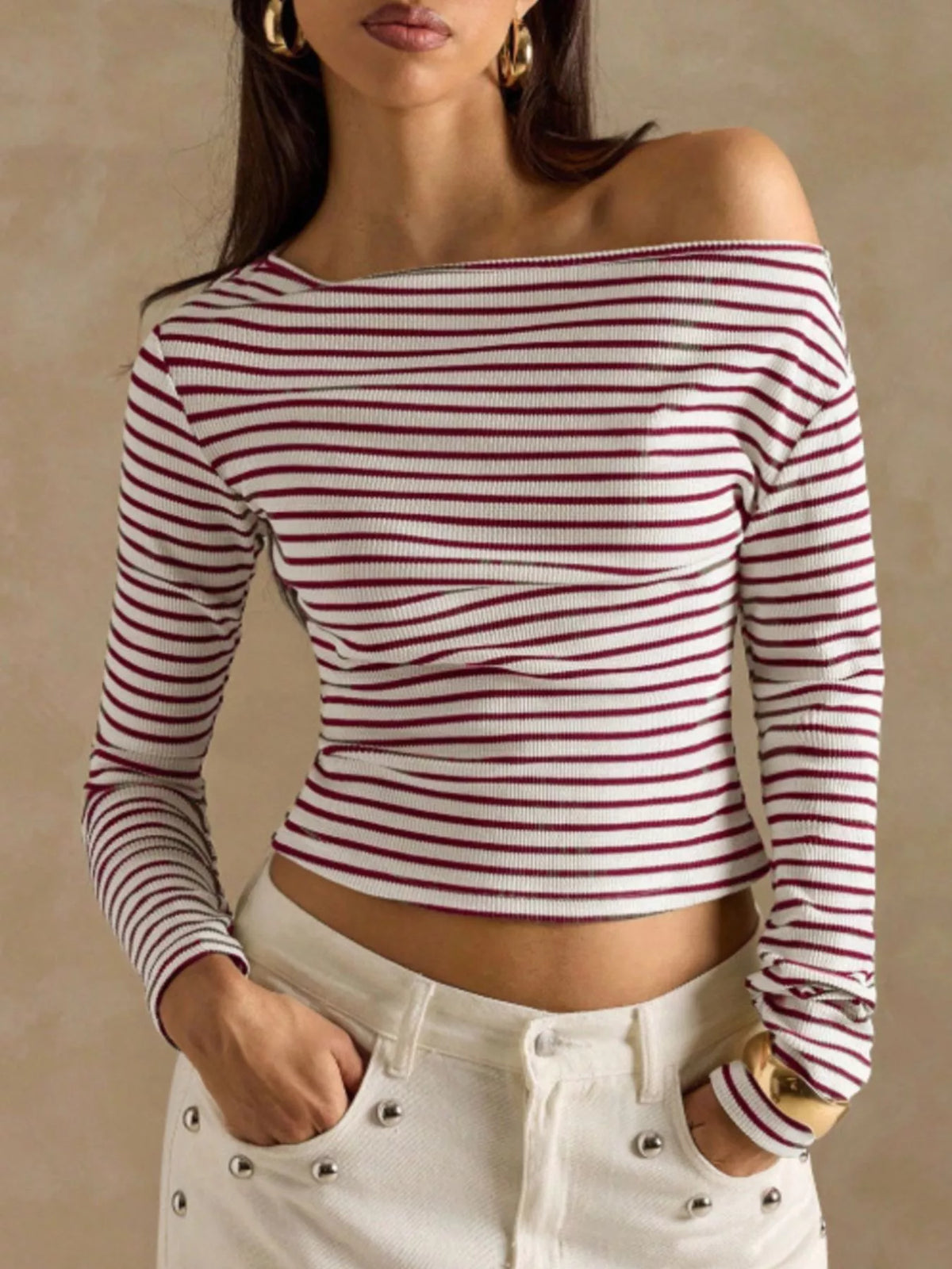 Off-shoulder striped rib top – burgundy