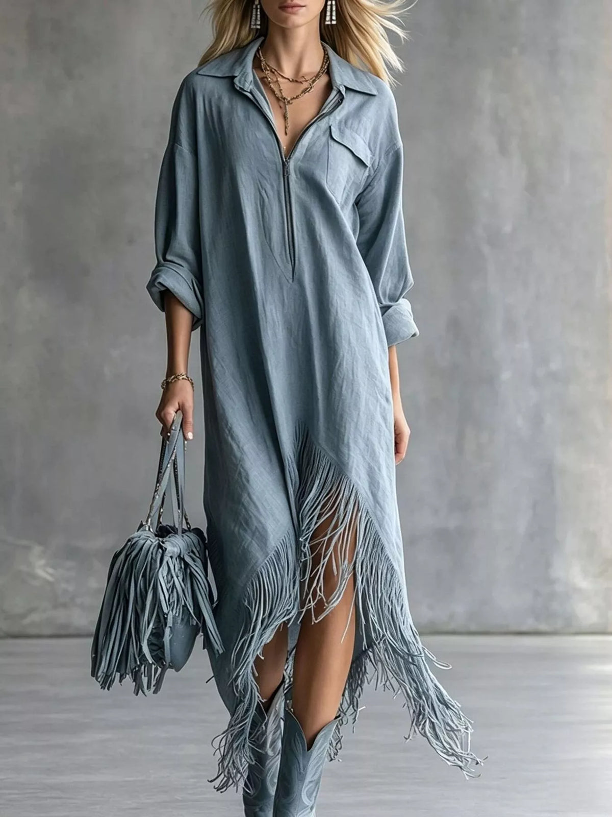 Fringe-hem zip shirt dress – navy