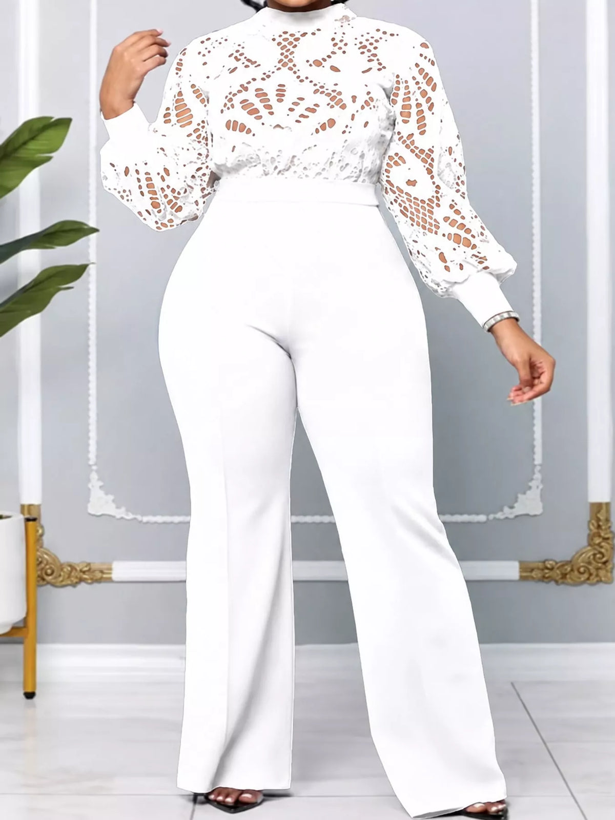 Lace lantern-sleeve jumpsuit – white
