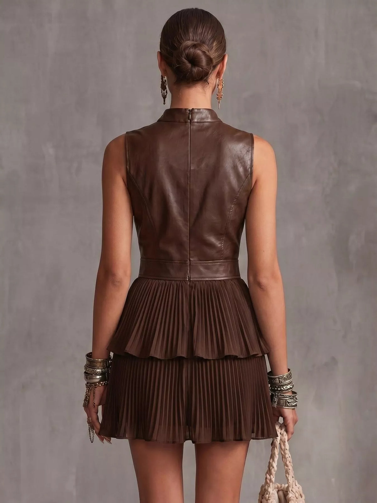 Faux leather pleated mini dress