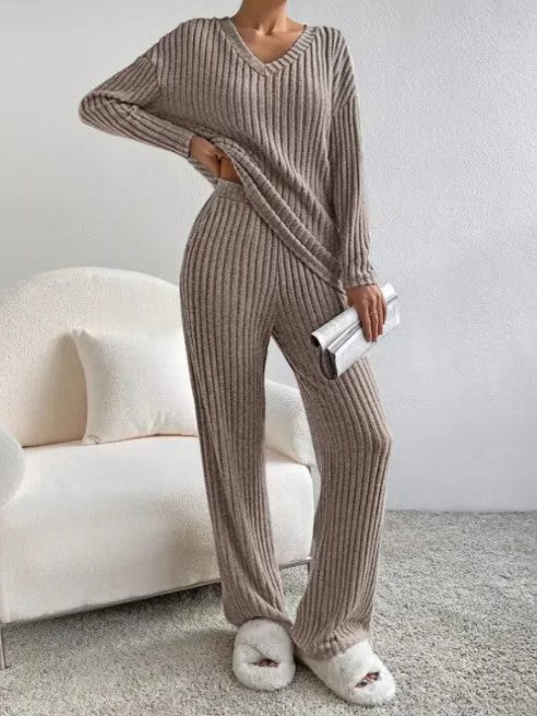 Ribbed V neck lounge set, Taupe, front