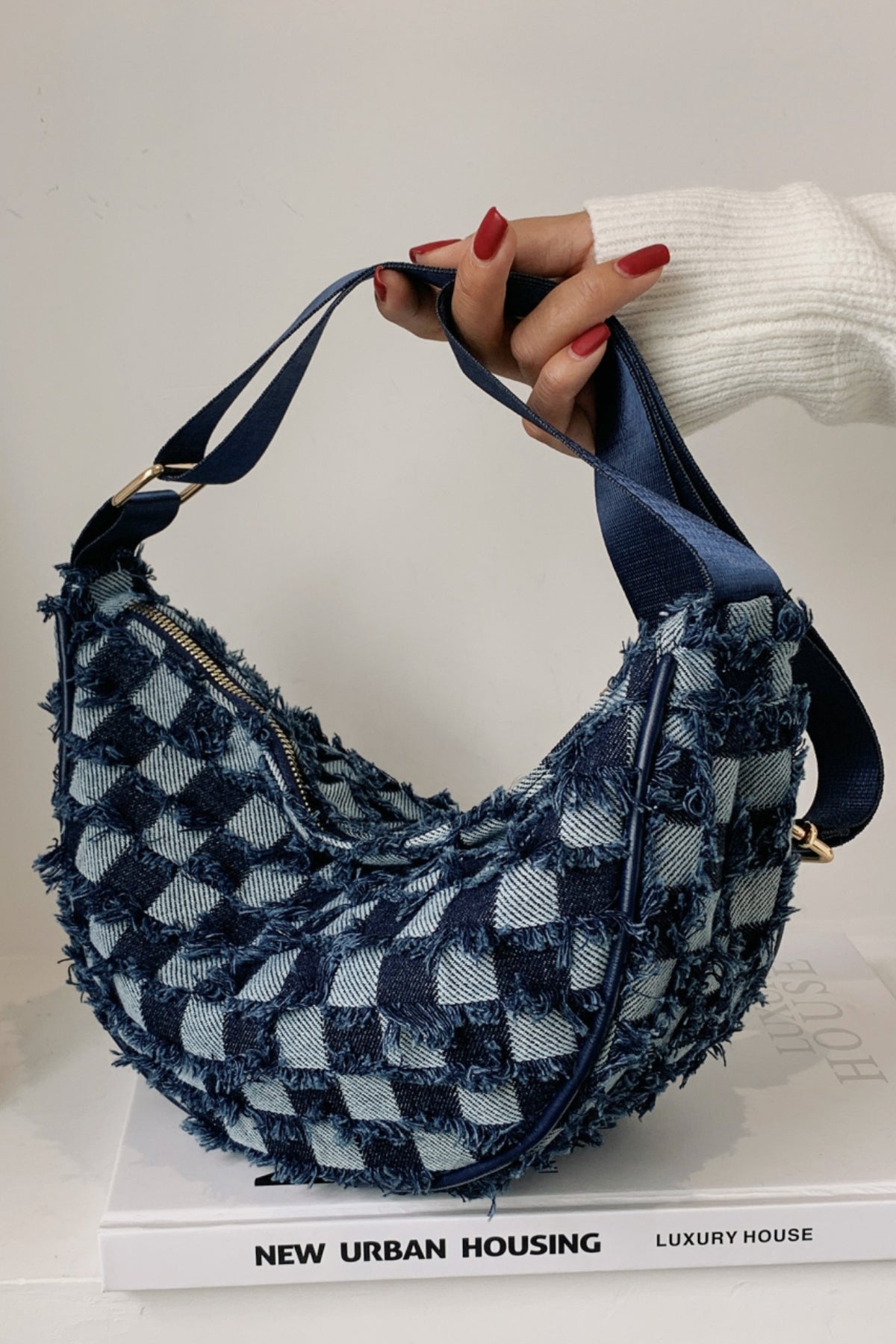 Raw Hem Checkered Denim Crossbody Bag