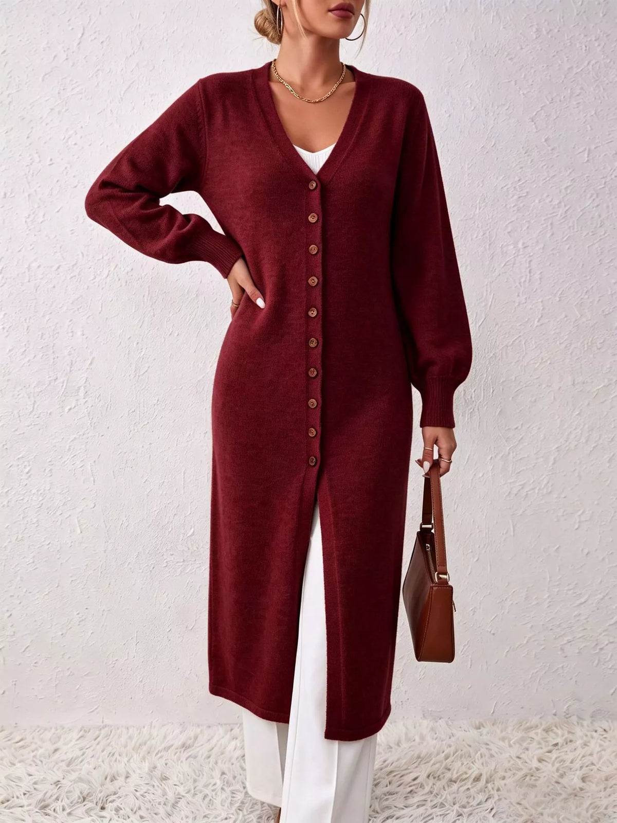 Elegant longline button-front cardigan with lantern sleeves, Deep Red