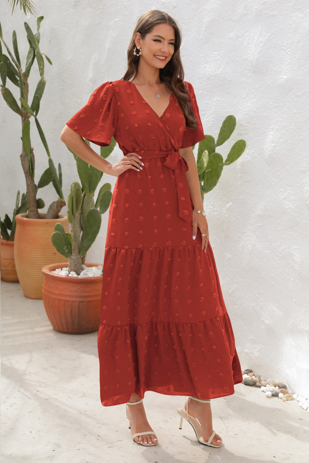 Swiss dot tied surplice short sleeve dress