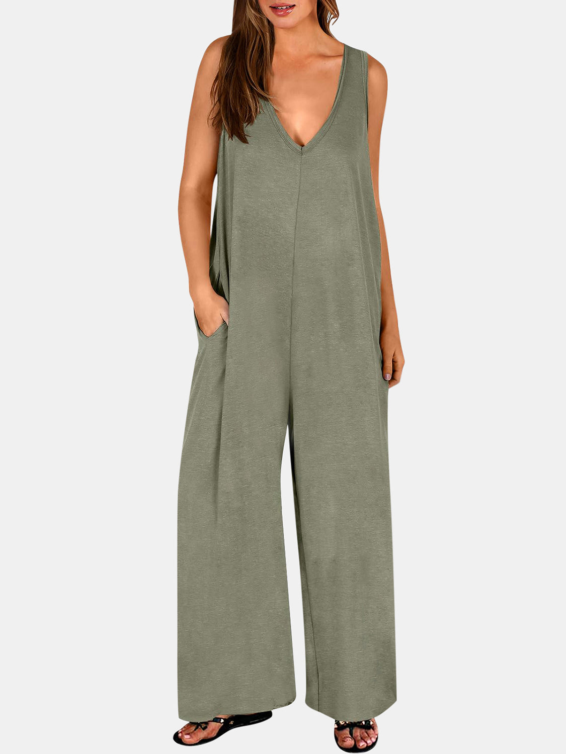 V-neck wide strap jumpsuit