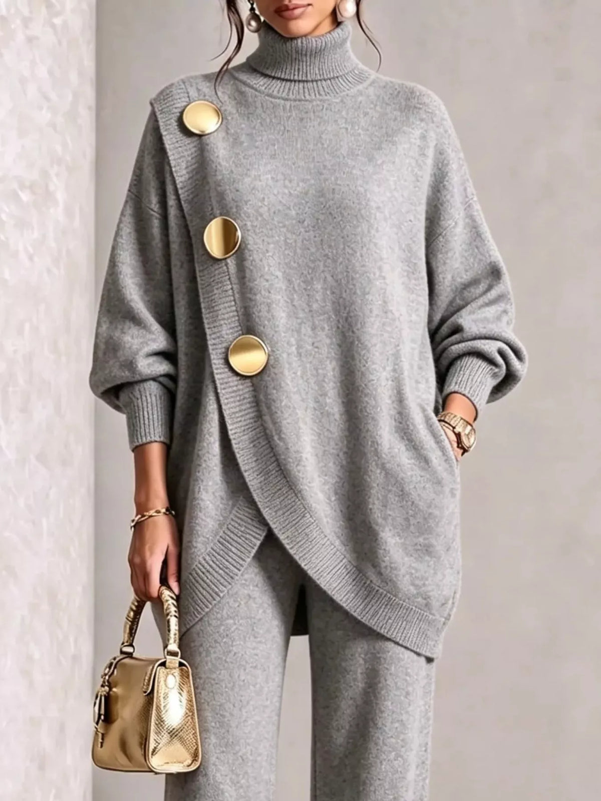 Gold button accent turtleneck sweater and pants set