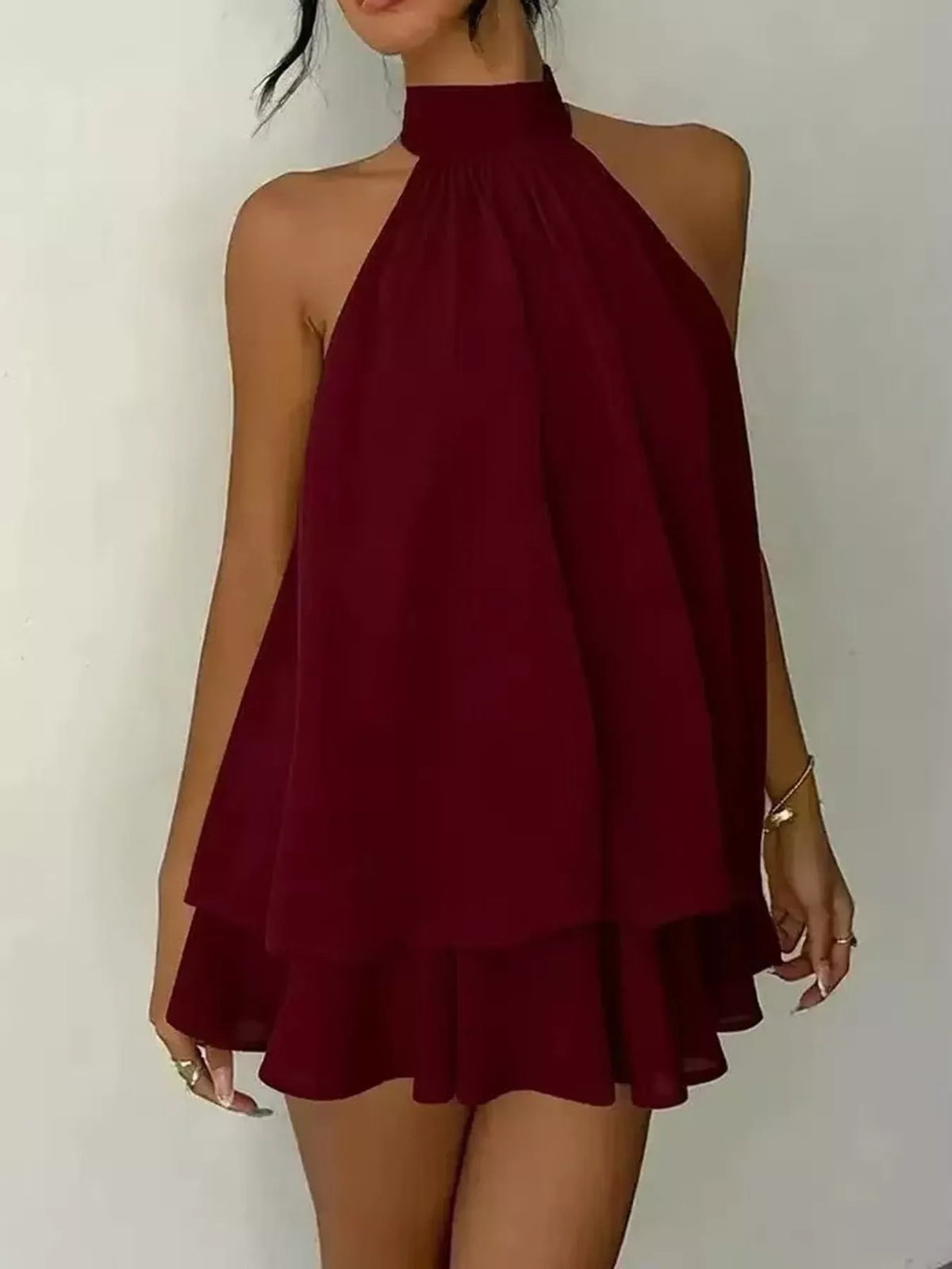 Ruched halter mini dress – burgundy