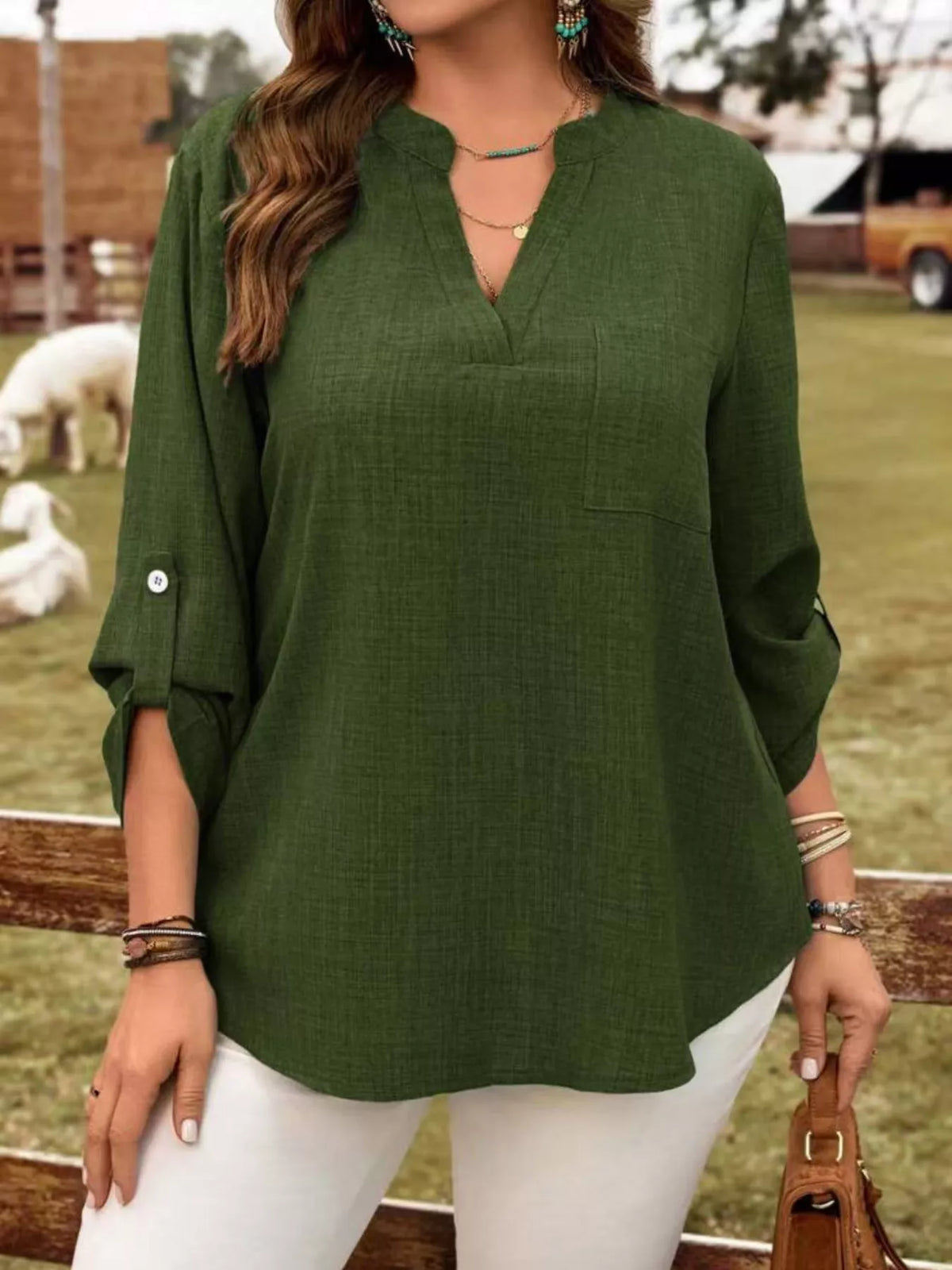 Roll-tab sleeve blouse