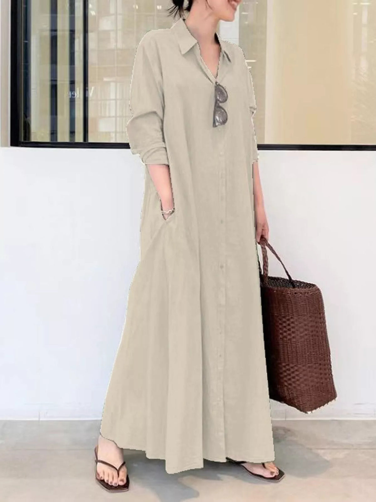 Button front long sleeve maxi shirt dress, Apricot