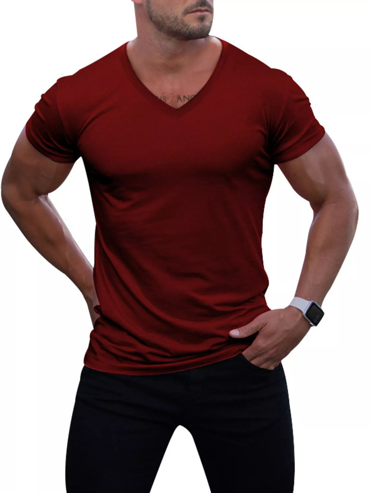 Slim V-neck tee – burgundy