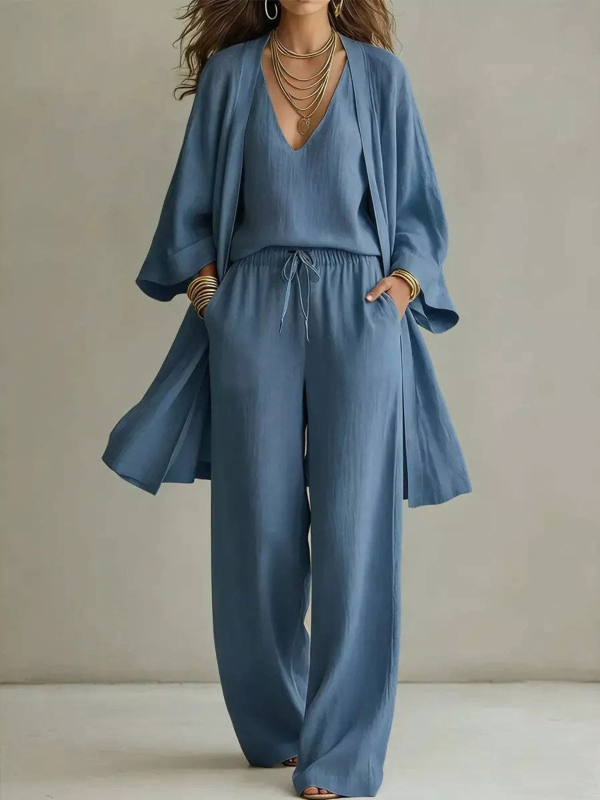 V-neck top &amp; cardigan &amp; pants three-piece set, Blue