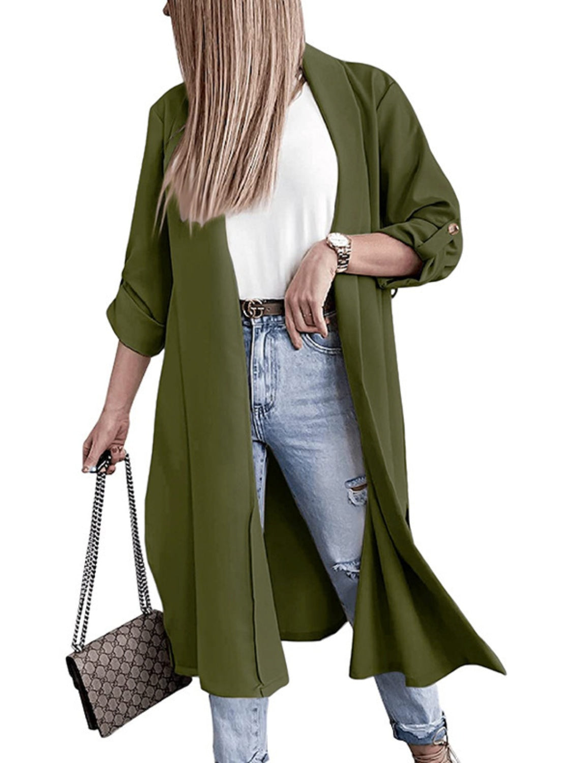 Slit open front roll-tab sleeve trench coat