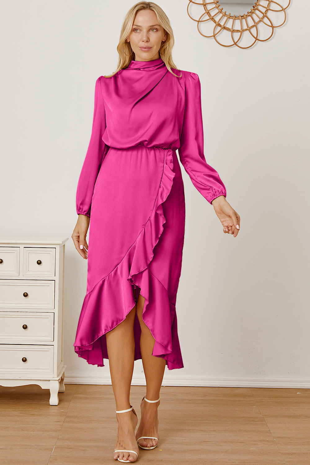 Mock Neck Ruffled Asymmetrical Dress