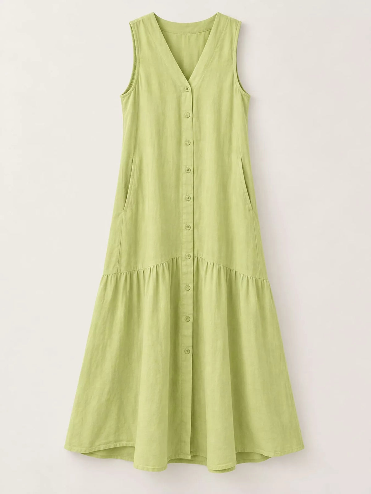 V-neck button front sleeveless midi dress