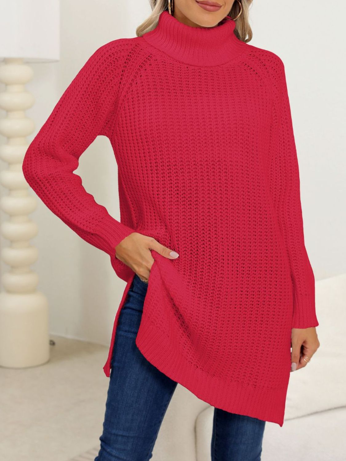 Slit turtleneck long sleeve sweater
