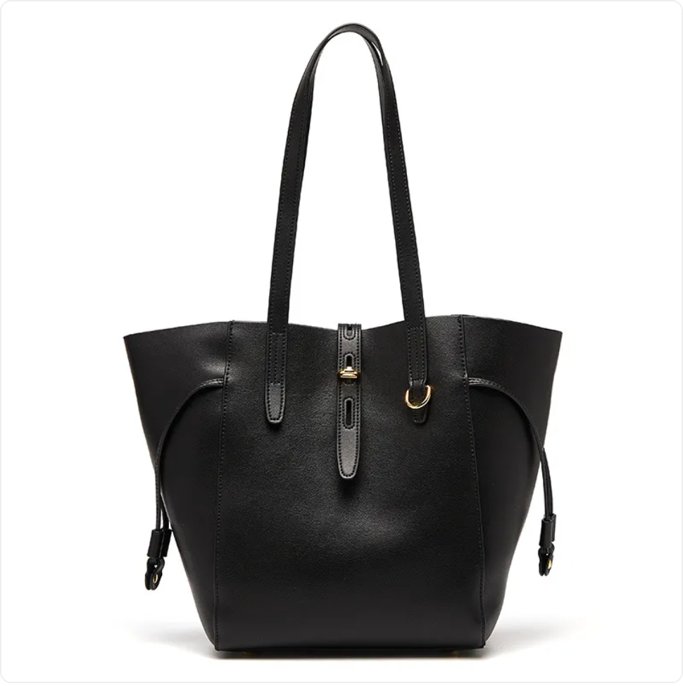 Side strap leather tote, Black, front