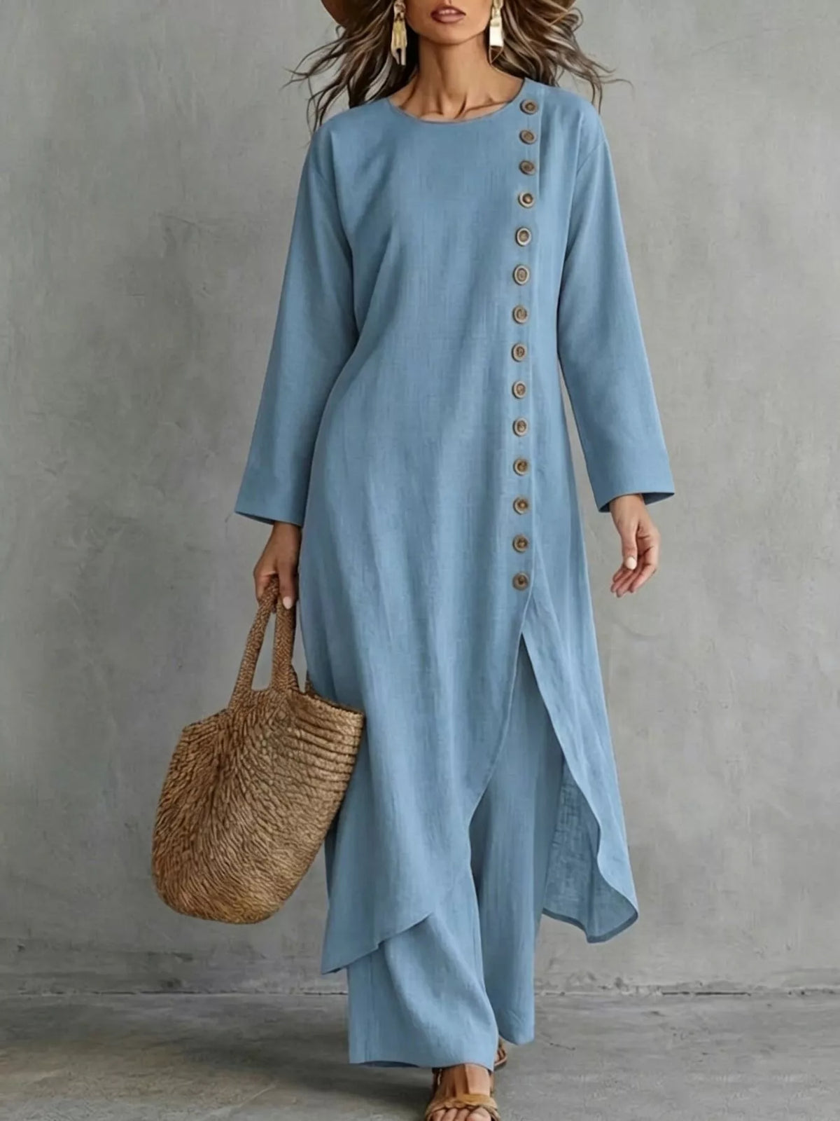 Side-buttoned longline top and pants set, Blue