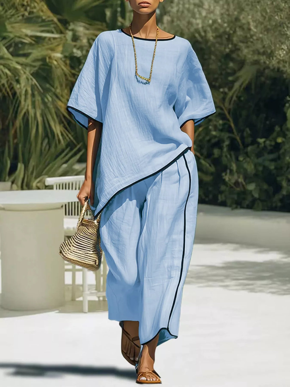 Contrast-trim top and trouser set, Sky Blue