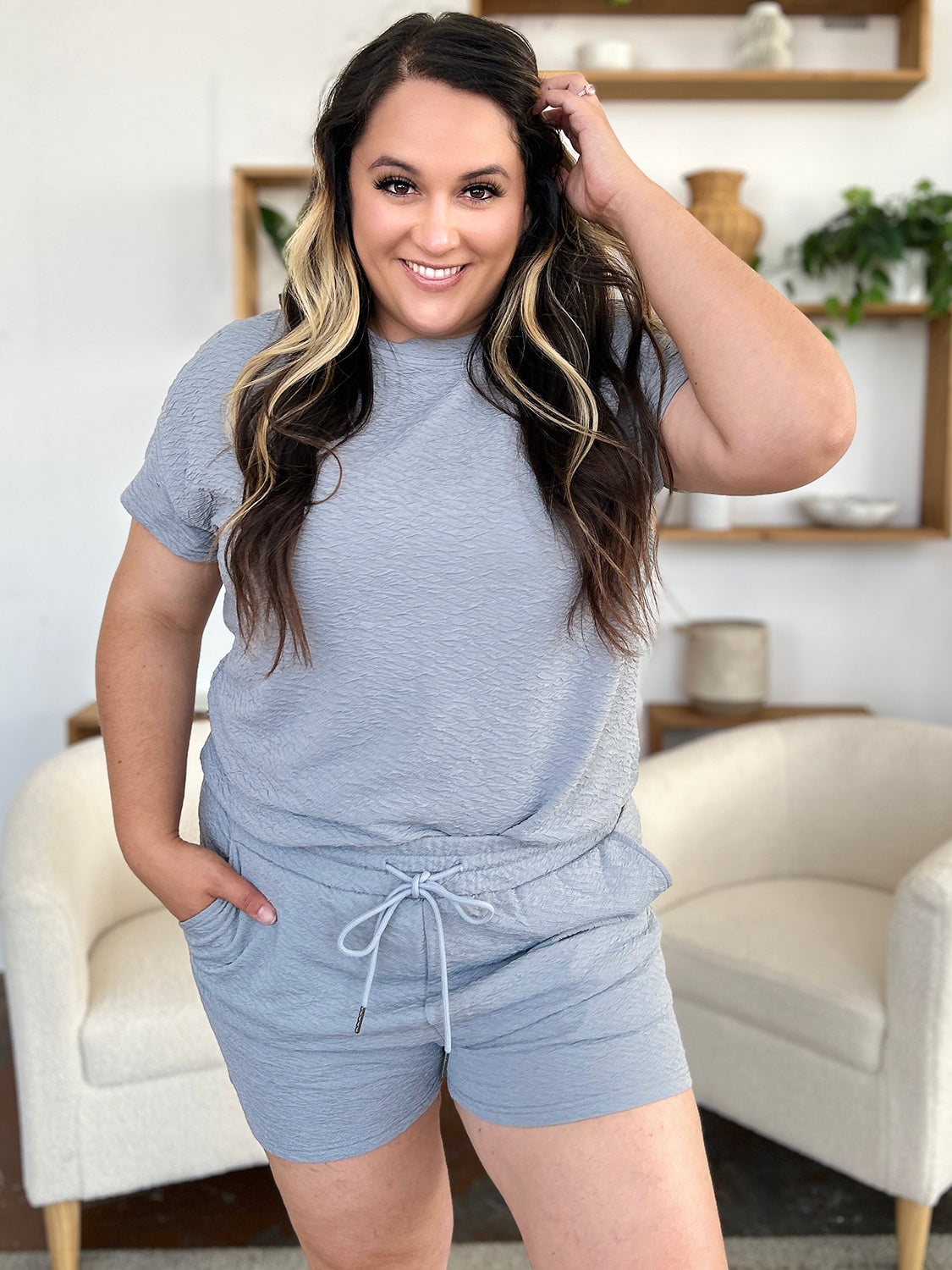 Textured tee and shorts set