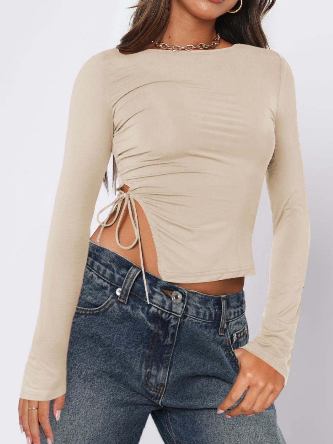 Tie-hem long-sleeve tee, Dust Storm