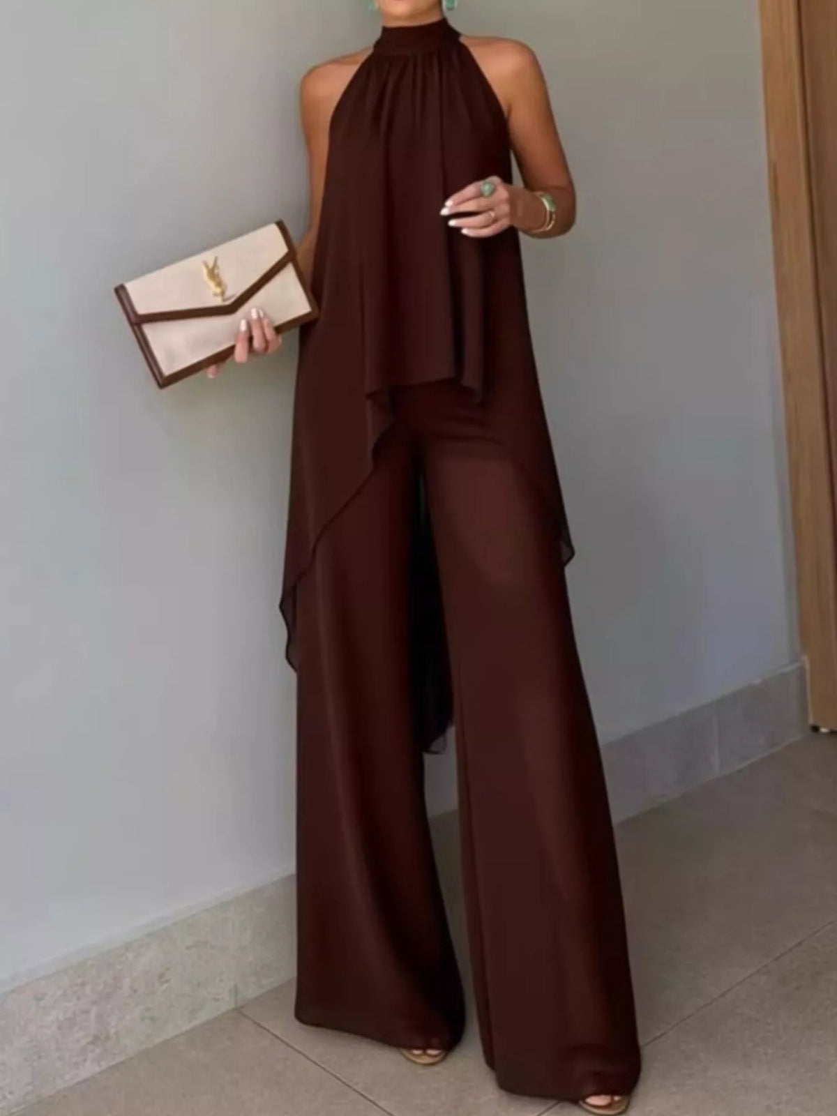 High-low sleeveless top and wide-leg pants two-piece set, Brown