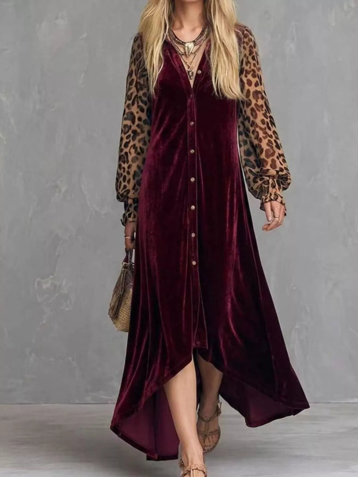 Leopard velvet maxi dress – burgundy