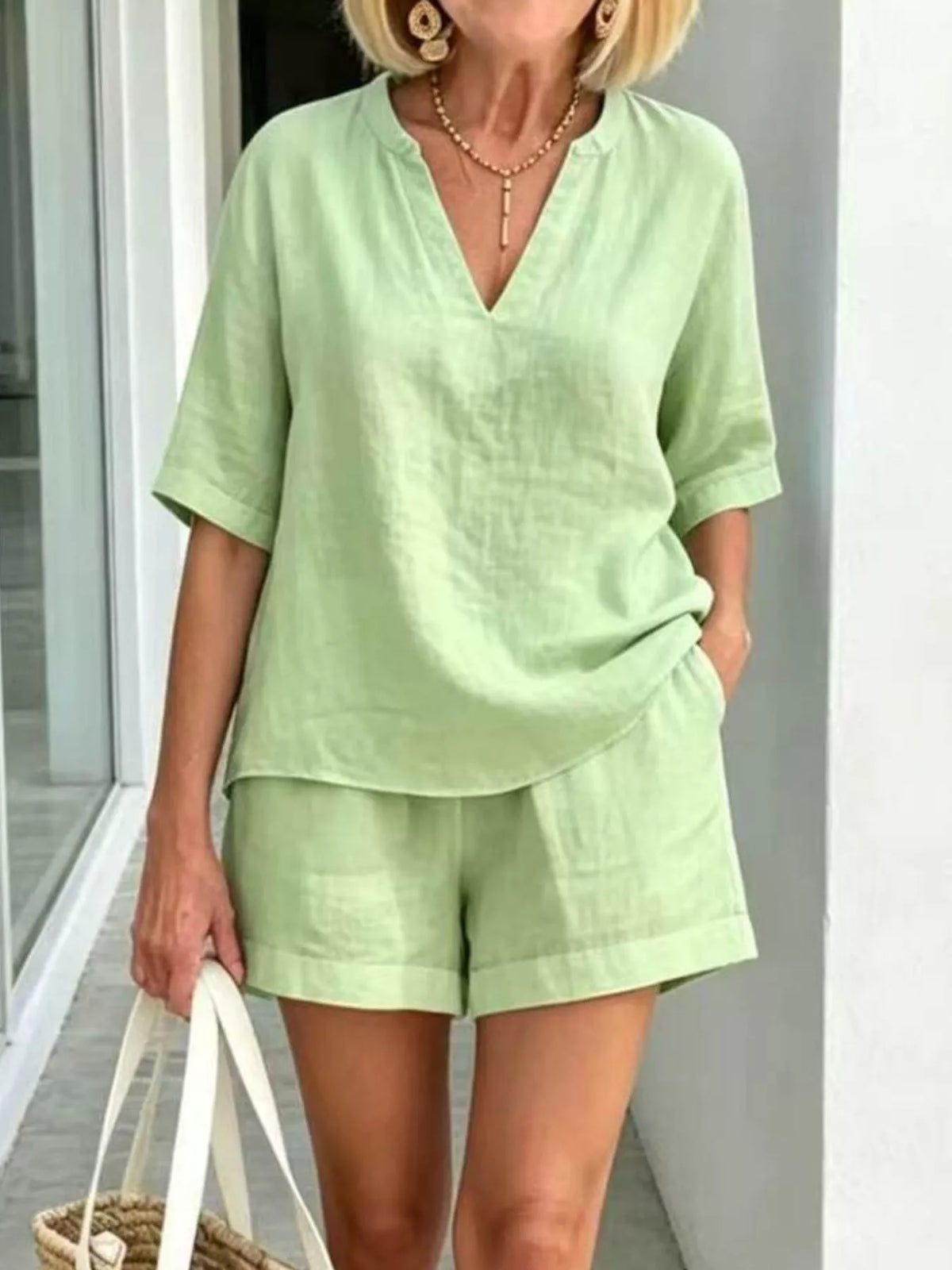 Half-sleeve top and shorts set – light green