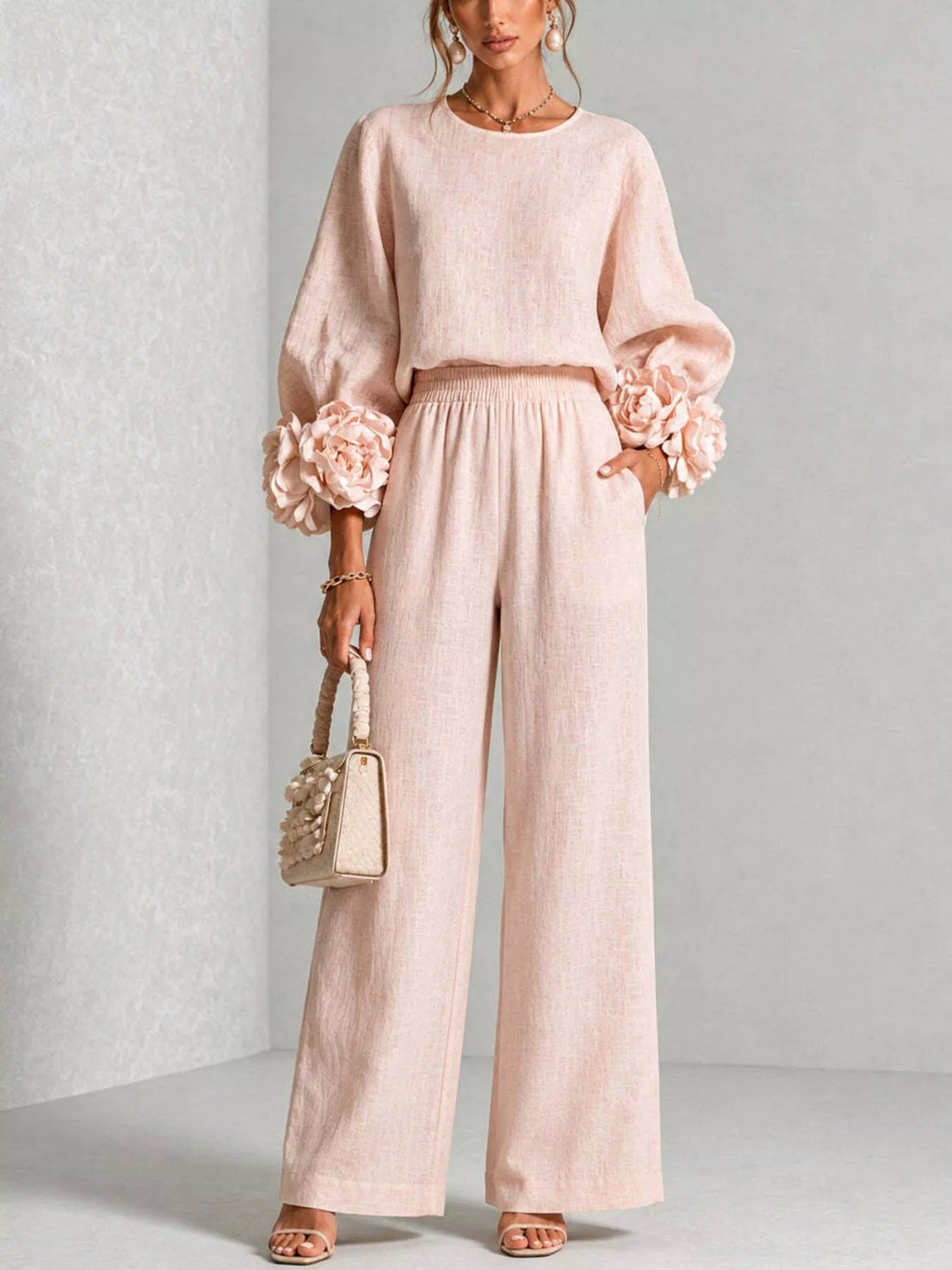 Floral-cuff top and pants set – blush pink
