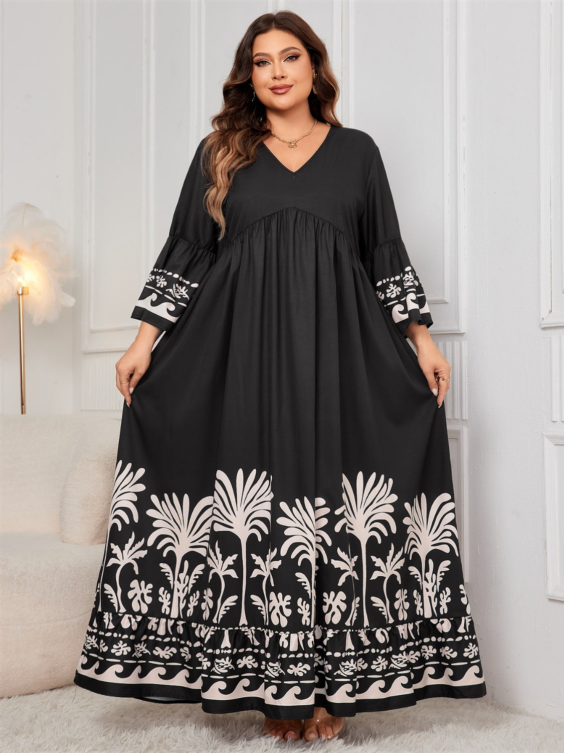 Plus Size Printed V-Neck Long Sleeve Maxi Dress