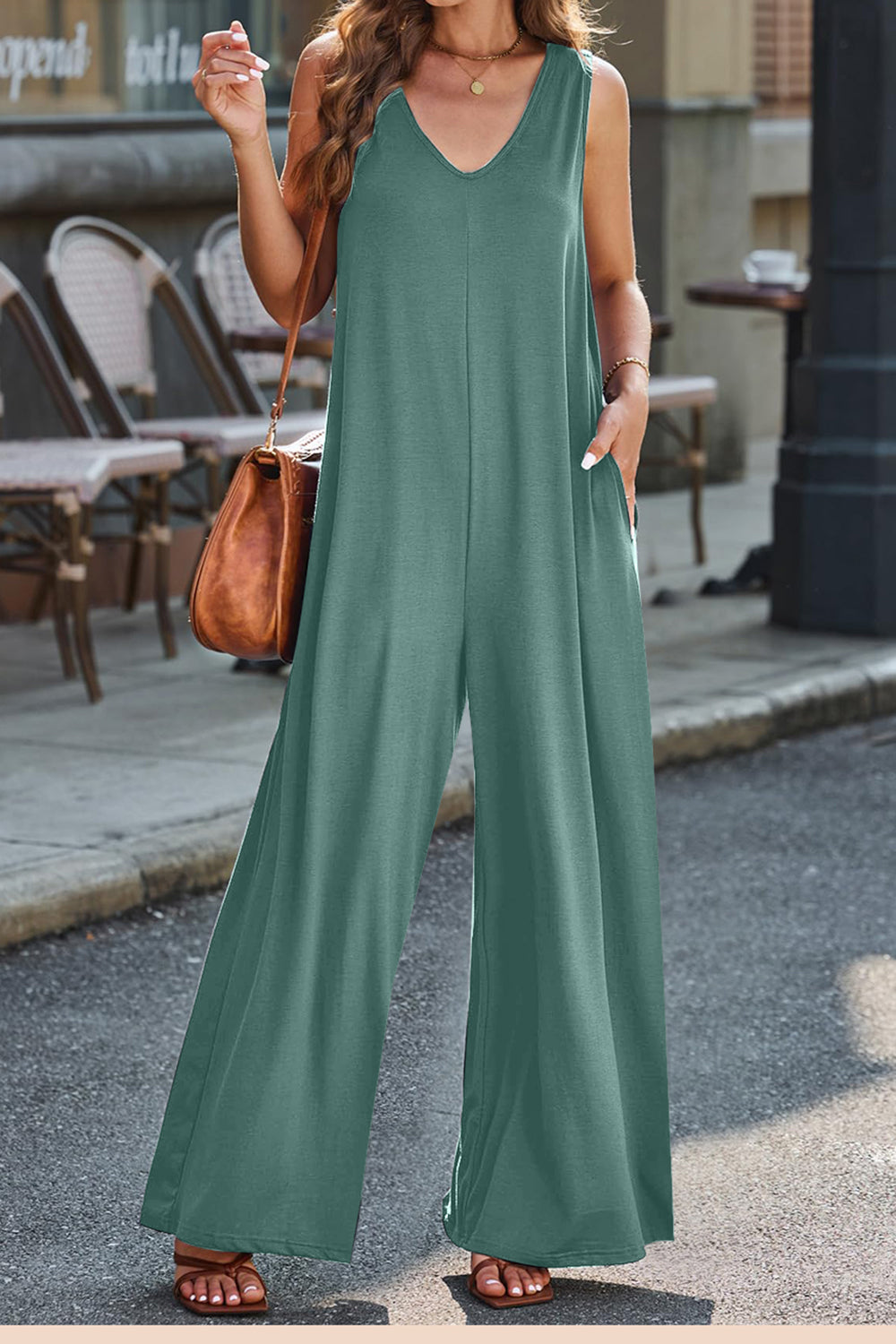 V-neck wide strap jumpsuit