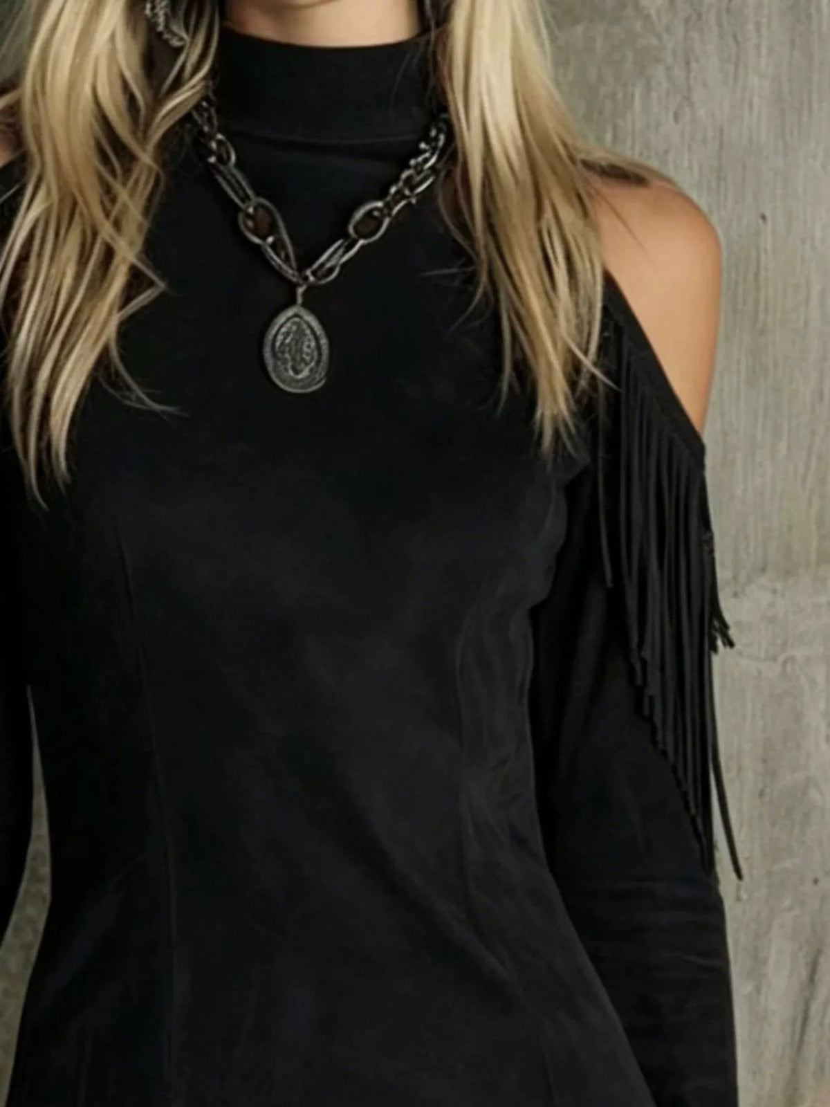 Fringed cold-shoulder dress