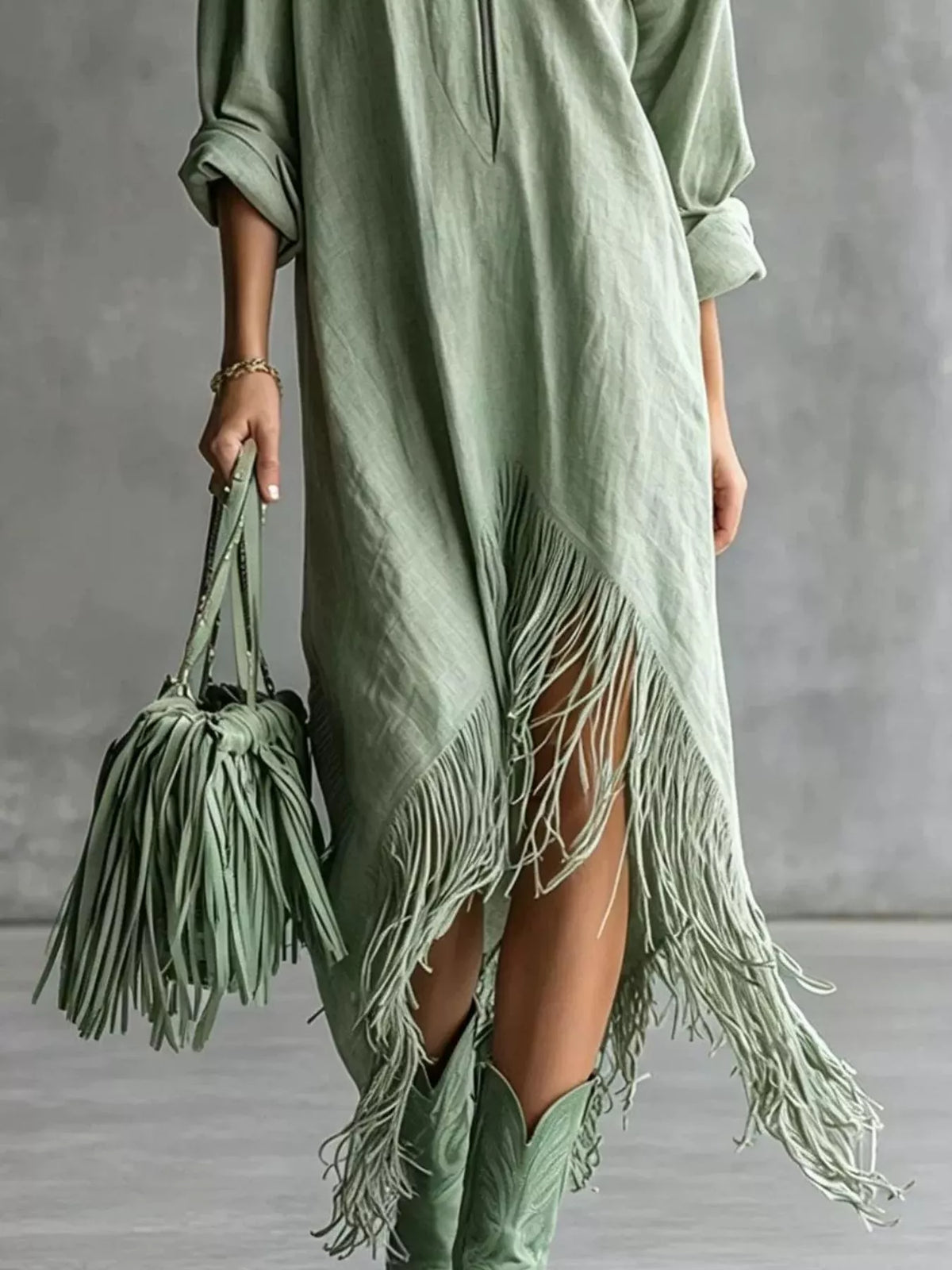 Fringe-hem zip shirt dress