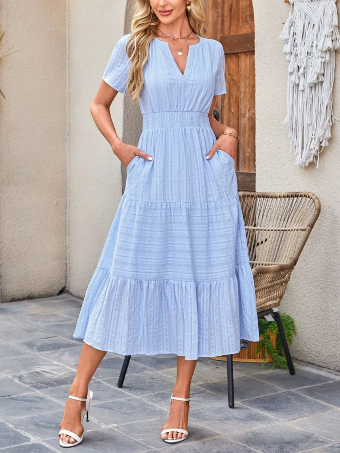 Tiered notched short sleeve dress, Light Blue