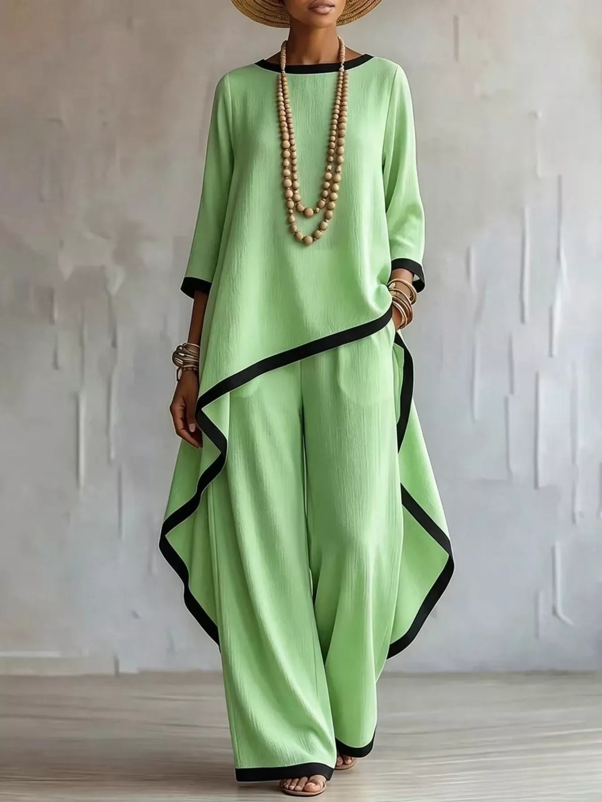 Contrast trim high-low top and pants set, Light Green
